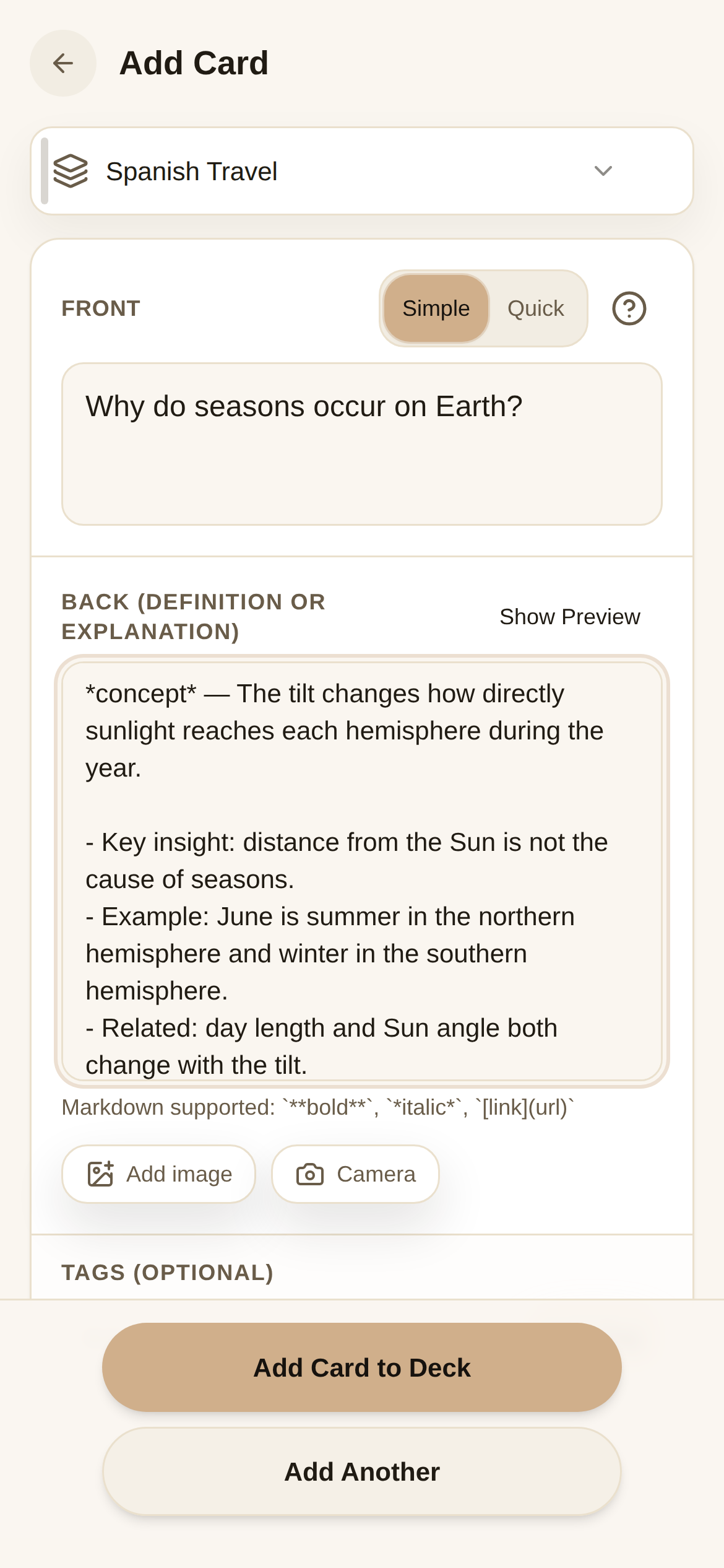 ouou mobile card editor with a seasons question and a structured answer drafted from an AI explanation.