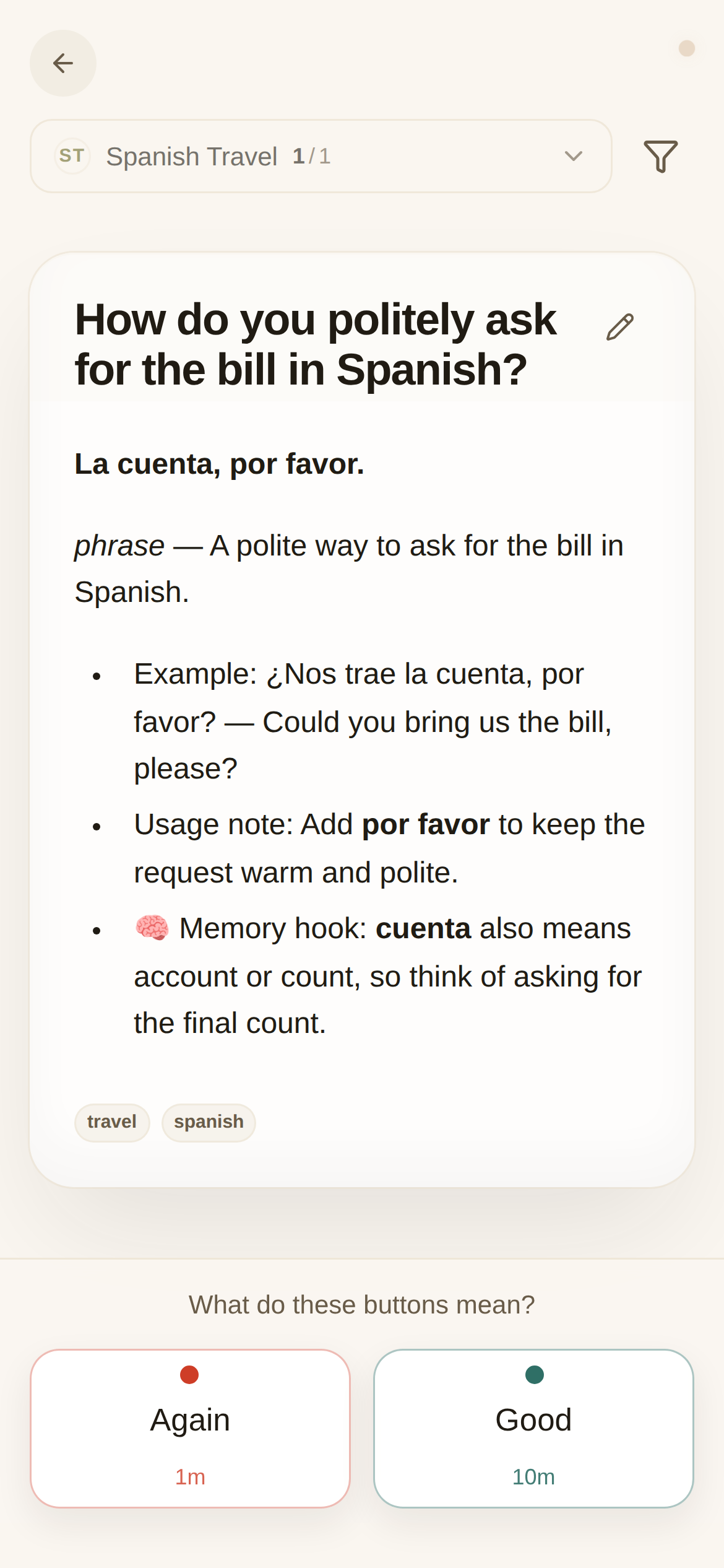 ouou mobile review screen showing a Spanish Travel card with the answer revealed and rating buttons ready.