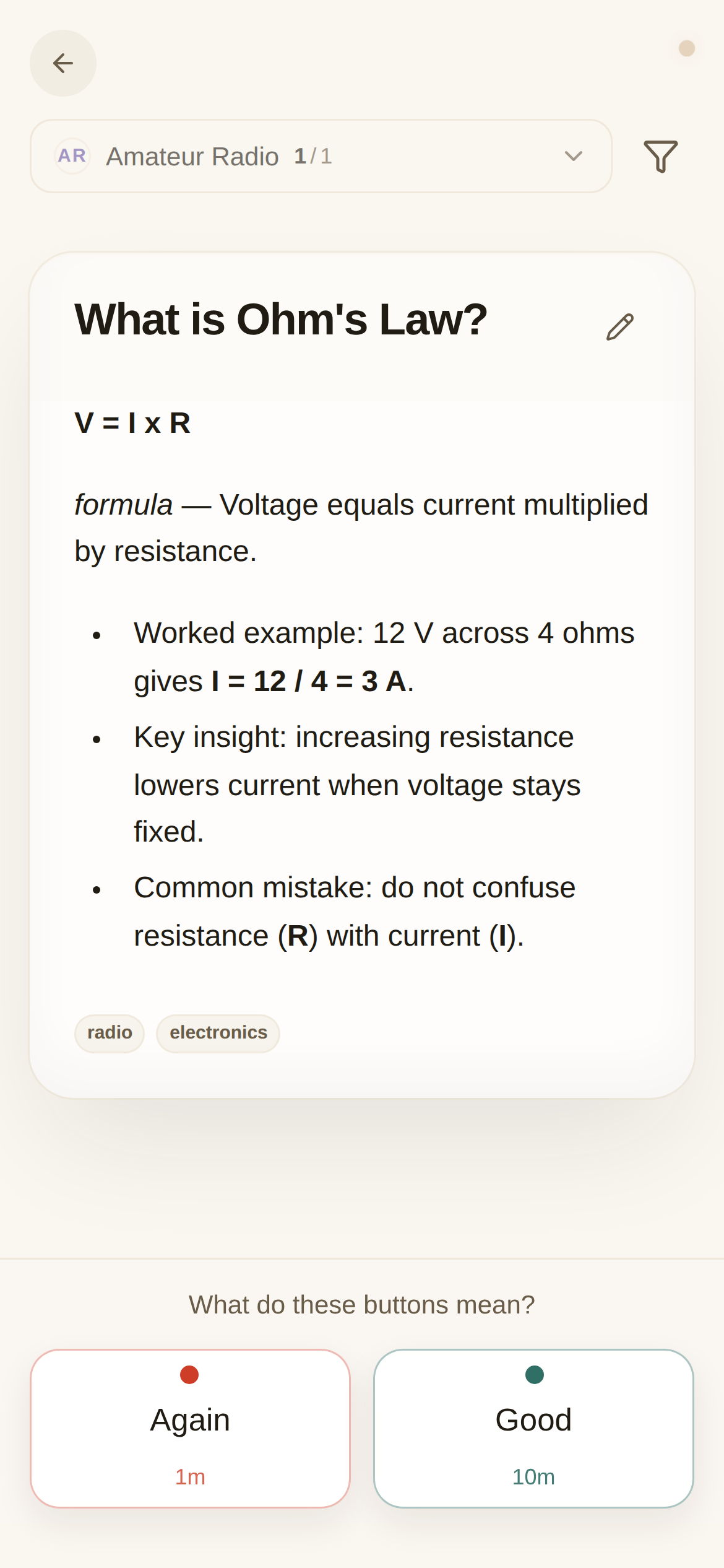 ouou mobile practice screen showing an Ohm's Law card with a structured answer and rating buttons.